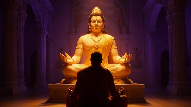 Devotee Meditating in Front of Lord Mahavira Statue in a Sacred Temple Setting with Spiritual Atmosphere