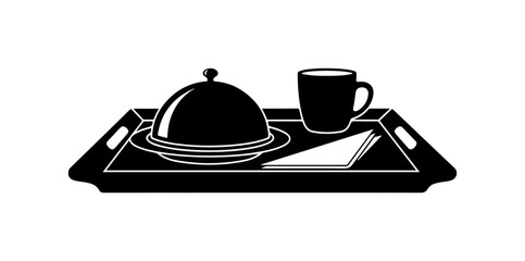 Obraz premium Black and White Tray with Coffee and Covered Dish