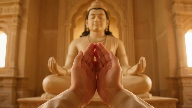 Devotee Meditating in Front of Lord Mahavira Statue in Traditional Jain Temple Interior