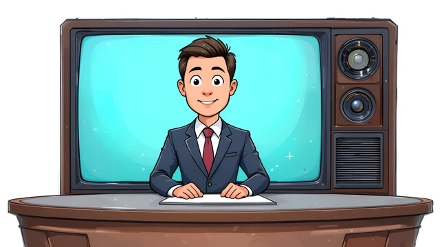 News anchor. Cartoon white male newsreader character is isolated on a white background. Vector illustration. Television concept.