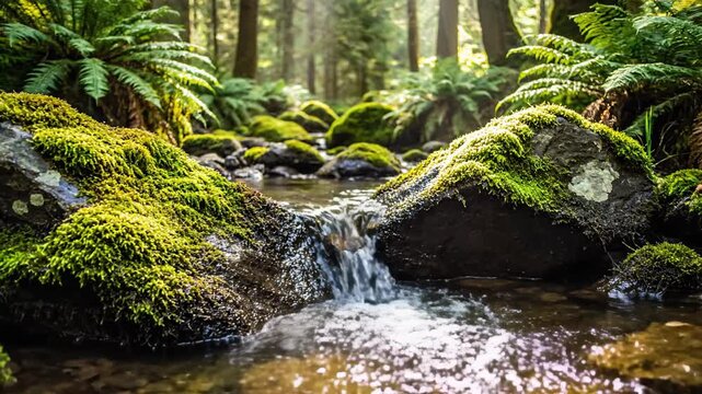 Emerald Forest Stream Cascades Through Mossy Rocks.