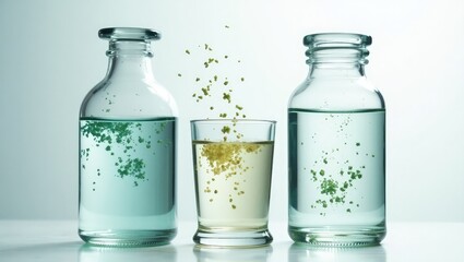 Three glass bottles and one glass with water and green particles risk management concept