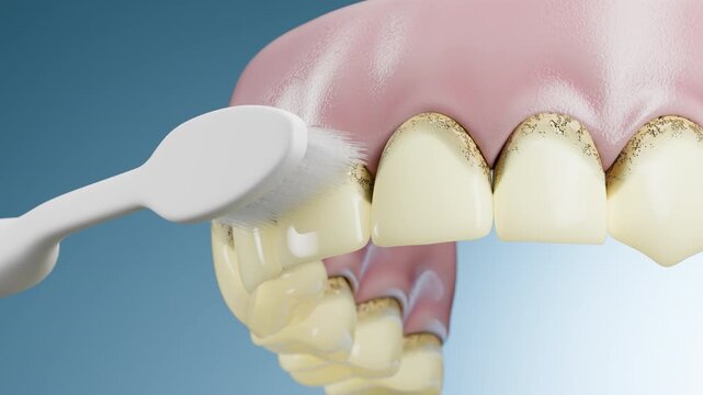 3D dental cleaning scene showing toothbrush removing tartar and plaque near the gum line. Visual explanation of daily brushing for maintaining healthy teeth and preventing oral disease