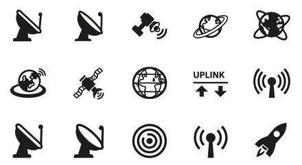 Collection of Satellite and Communication Icons Featuring Satellites, Earth, and Signal Transmission Symbols © Art