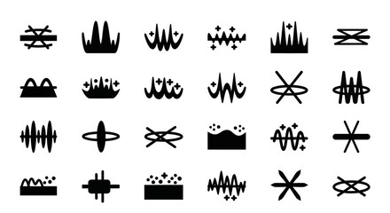 Obraz premium Collection of Black and White Abstract Graphic Symbols and Icons Representing Soundwaves, Music, and Energy
