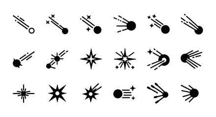 Elegant vector icon collection depicting celestial objects shooting stars, meteors, and sparkling stars. Ideal for space-themed graphic design, UI, and astronomy projects © Art