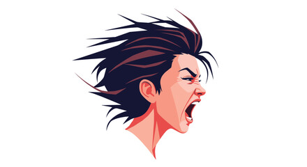 Fototapeta premium A stylized illustration of a person's head in profile, screaming intensely with dark hair dramatically blowing backward.