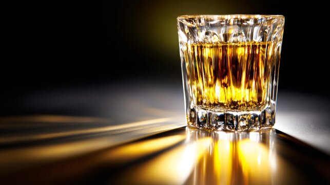 schnapps. Golden schnapps liquid in a crystal glass, light refraction on a dark surface, minimalist style. bar promotions, beverage menus, designed for product packaging and bar promotions.
