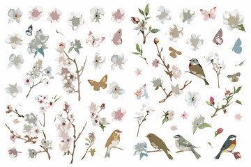 Delicate floral arrangement featuring blossoms butterflies and small birds