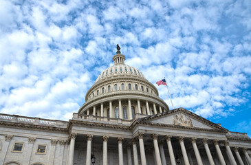 Obraz premium Capitol architecture in Washington DC cityscape landmark. Capitol dome monument in United States. Capitol symbol American government. Capitol iconic exterior in USA.