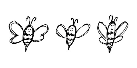 Set of hand drawn happy funny cute honey bee clipart Adorable flying striped insect friendly kawaii bumble bee For kids print, web, design, decor, logo © Daria Shane
