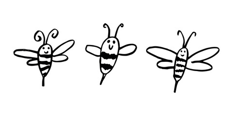 Set of hand drawn happy funny cute honey bee clipart Adorable flying striped insect friendly kawaii bumble bee For kids print, web, design, decor, logo © Daria Shane