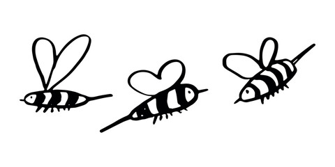 Set of hand drawn happy funny cute honey bee clipart Adorable flying striped insect friendly kawaii bumble bee For kids print, web, design, decor, logo © Daria Shane