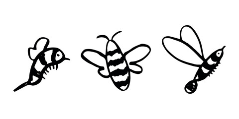 Set of hand drawn happy funny cute honey bee clipart Adorable flying striped insect friendly kawaii bumble bee For kids print, web, design, decor, logo © Daria Shane