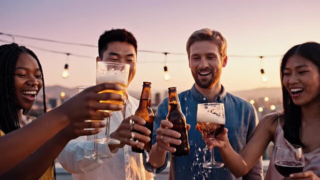 Joyful diverse friends clinking glasses, celebrating with drinks under string lights