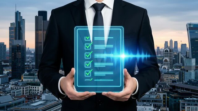 Business global compliance legal requirements policy regulatory checklist digital concept businessman holding checklist cityscape background for regulatory business success and policy adherence