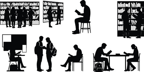 Silhouettes of students and people reading books studying and browsing bookshelves in a library or bookstore for education and learning concept © Abdul