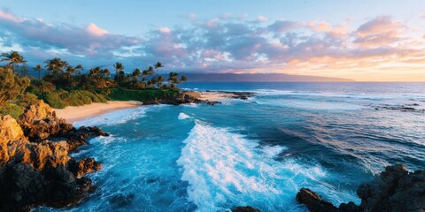 Fototapeta premium Vibrant sunrise on tropical beach with ocean waves crashing against rocks for travel and vacation content, golden hour light over coastal sea landscape background