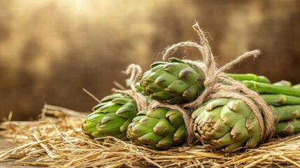 Fototapeta premium Fresh Artichokes Tied with Twine on Straw