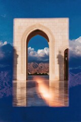 Fototapeta premium Majestic Stone Archway of a Mosque overlooking Mountains under a Cloudy Sky with Reflections on Polished Marble Floor for Religious Travel Branding and Background