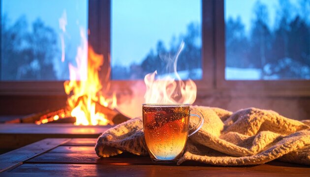 Cozy winter evening with a steaming cup of herbal tea beside a warm fireplace, creating a tranquil and inviting atmosphere