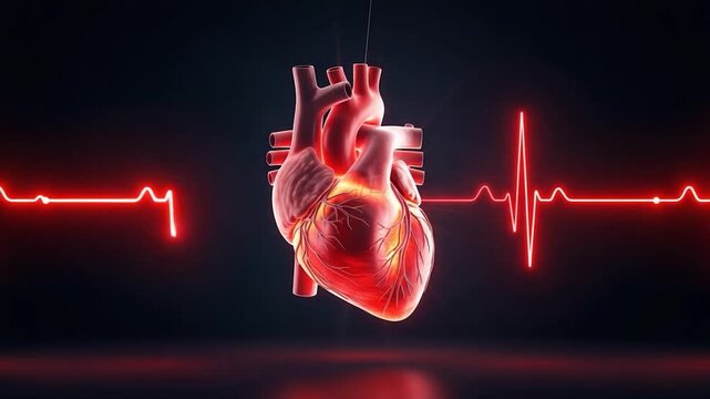Human Heart Anatomy: A detailed, illuminated depiction of the human heart, complemented by an active EKG, symbolizing life and vitality, against a dark backdrop. 