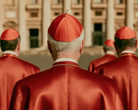 Group of senior clergy in red robes seen from behind attending a ceremony at a historic palace, catholic cardinals during processional event with repetitive pattern