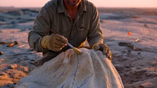 Archaeologist conducting excavation on ancient fossil in desert terrain at dusk with careful brushwork