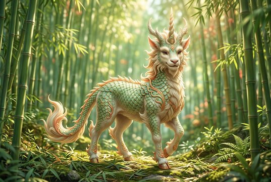 A detailed 8K illustration of a gentle mythic creature resembling a qilin, standing in a bamboo grove with ornate horn and soft fur, illuminated by sunlight filtering through leaves