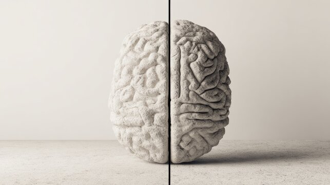 hemisphere. Artistic conceptual illustration of a human brain divided into creative and logical halves. wellbeing guides.
