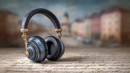 Naklejka premium Stylish retro headphones sit on a sheet of flowing handwritten script with a softly blurred townscape behind, evoking nostalgia and storytelling for music, audio, or podcast themes.