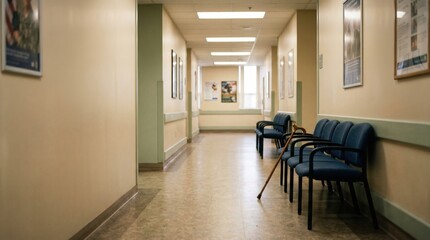 Fototapeta premium Quiet Hospital Waiting Room Corridor with Empty Chairs and a Cane Representing Veteran Healthcare Services, Patient Recovery, and Solitude with Copy Space
