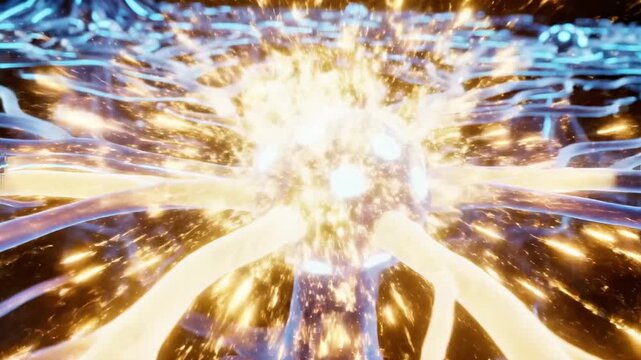 A glowing blue neuron with a bright orange signal extending into a network