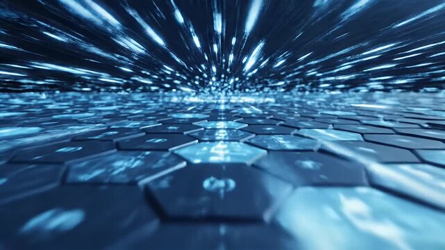 Abstract blue hexagonal plane with energetic light bursts