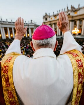 Religious leader blessing the crowd from a balcony, back view of senior man in priest vestments during a public ceremony in a historic cathedral square