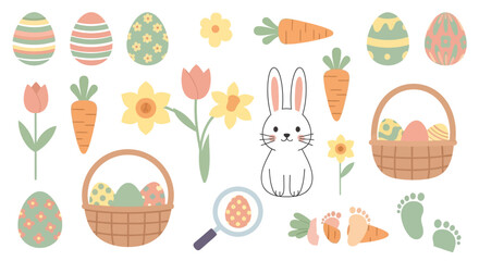 Fototapeta premium Adorable Easter Day Vector Set Featuring a Cute Bunny, Decorated Eggs, Baskets, and Spring Flowers