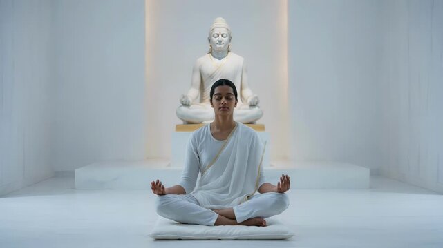 Serene Jain Devotee in Meditation Sitting Cross-Legged in Front of Lord Mahavira Statue in Calm Temple Setting