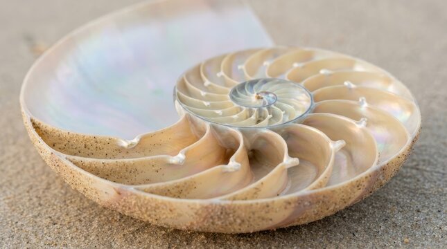Chambered Nautilus Shell Cross Section Showing Spiral Pattern on Sand