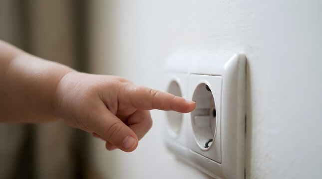 Baby's hand reaching for an electrical outlet on a white wall at home, electrical safety concept.