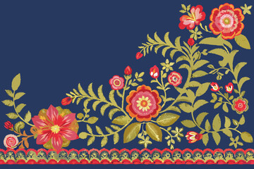 Fototapeta premium Embroidery style floral border with red pink and green blossoms