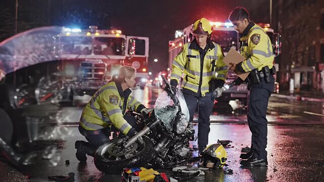 Emergency responders examine mangled motorcycle wreck at night
