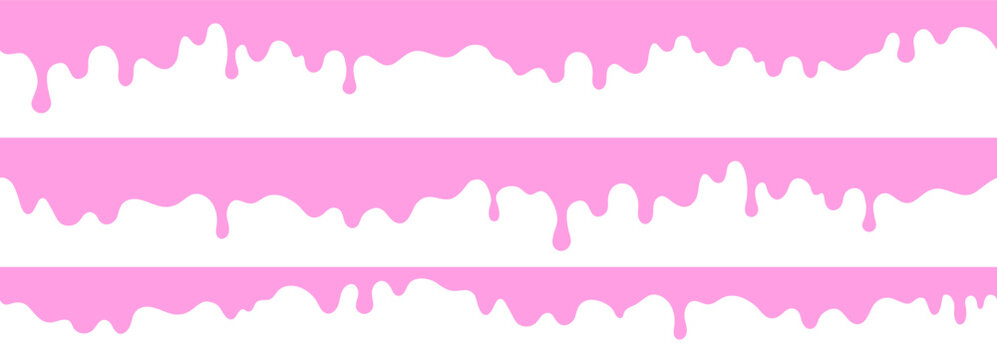 Seamless pink bubblegum dripping pattern with liquid stripes. Melted icing texture on white background.Set of seamless melting shapes