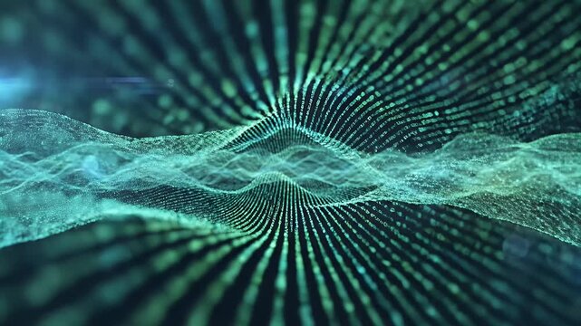 Digital wave patterns in emerald green light with bokeh background