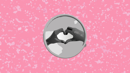 Hands forming a heart shape within a circular grayscale frame