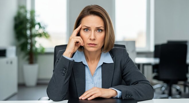 Concerned mature female executive dealing with imposter syndrome and mental fatigue at work