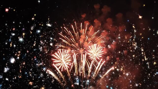 Vibrant fireworks explode in a dazzling night sky celebration.