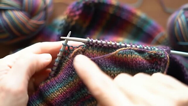 Hands knit colorful yarn with silver needles in warm light, a relaxing hobby view