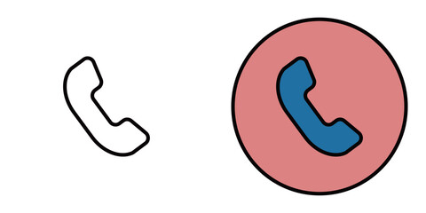丸で囲まれた電話のアイコン。モノクロとカラーのベクターイラストセット