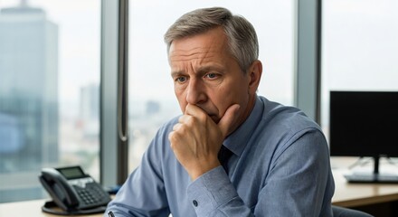 Naklejka premium Concerned Senior Male Executive Facing Corporate Downsizing Crisis in Modern Office