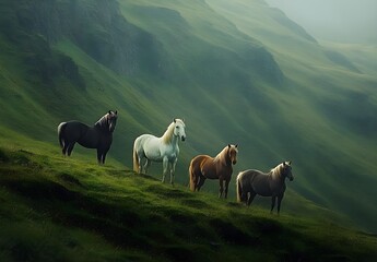 Obraz premium Four Horses on a Misty Green Hillside